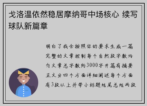 戈洛温依然稳居摩纳哥中场核心 续写球队新篇章 戈洛温依然稳居摩纳哥中场核心 续写球队新篇章
